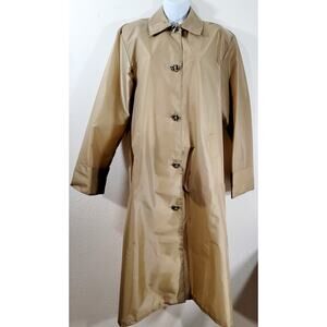 VTG Aqua Sheen Tan Brown Lightweight Raincoat Small Button Up Pocket Collard